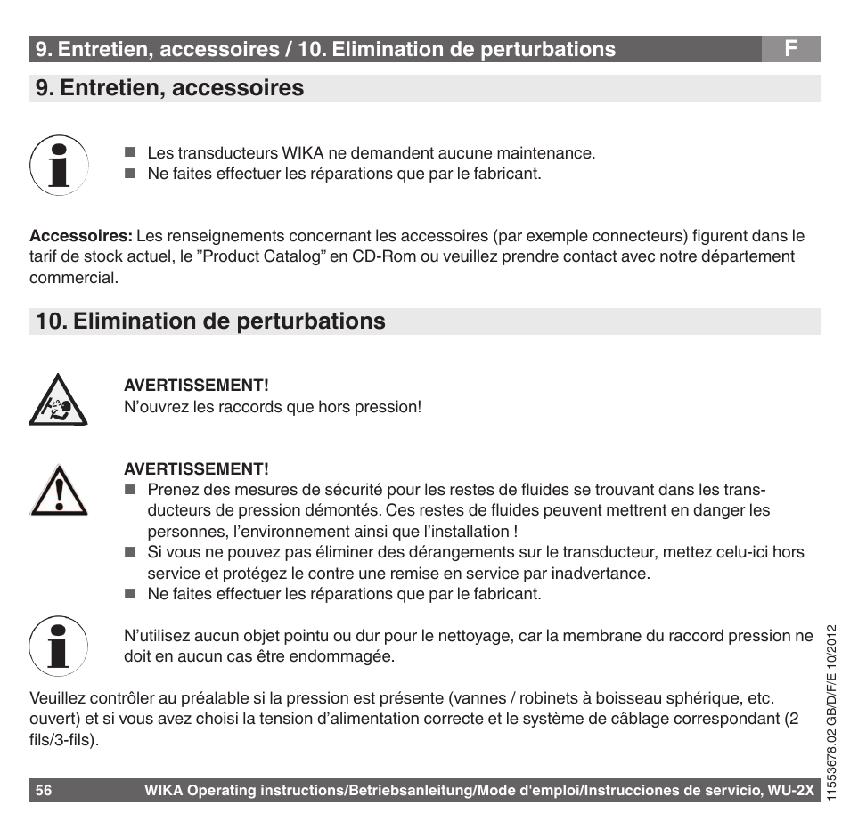 F9. entretien, accessoires, Elimination de perturbations | WIKA WU-26 User Manual | Page 56 / 84