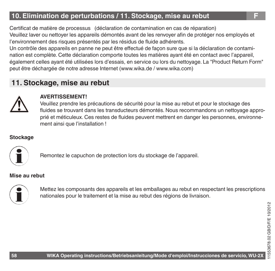 Stockage, mise au rebut | WIKA WU-26 User Manual | Page 58 / 84