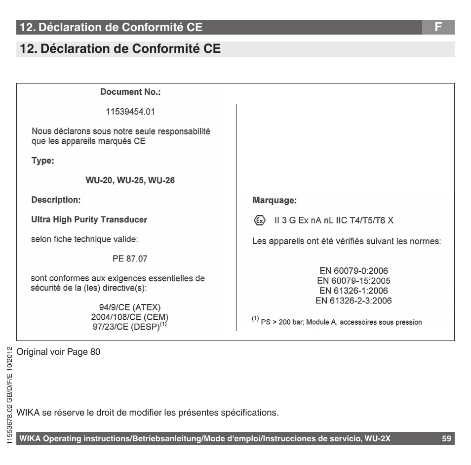 Déclaration de conformité ce | WIKA WU-26 User Manual | Page 59 / 84