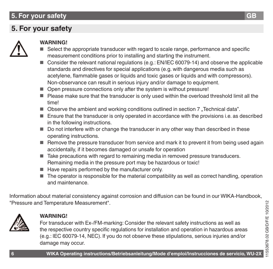 For your safety | WIKA WU-26 User Manual | Page 6 / 84