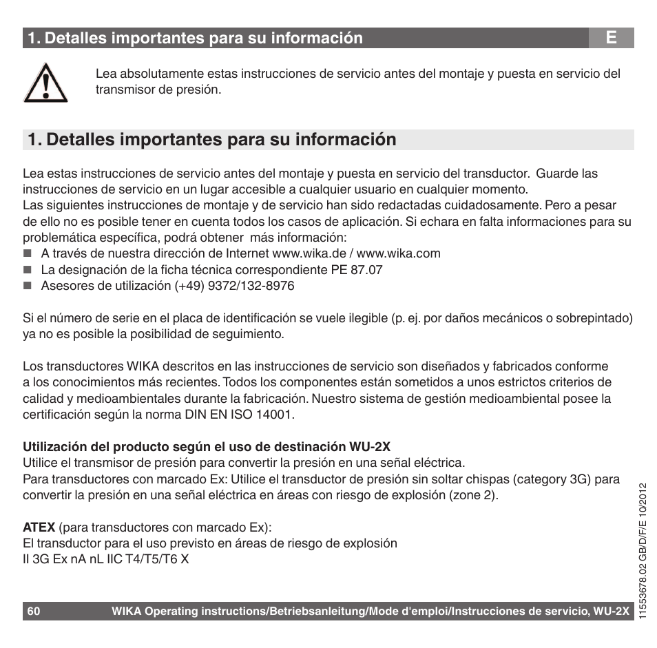 Detalles importantes para su información | WIKA WU-26 User Manual | Page 60 / 84