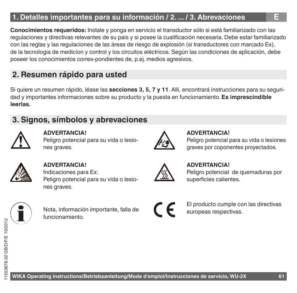 Resumen rápido para usted, Signos, símbolos y abrevaciones | WIKA WU-26 User Manual | Page 61 / 84