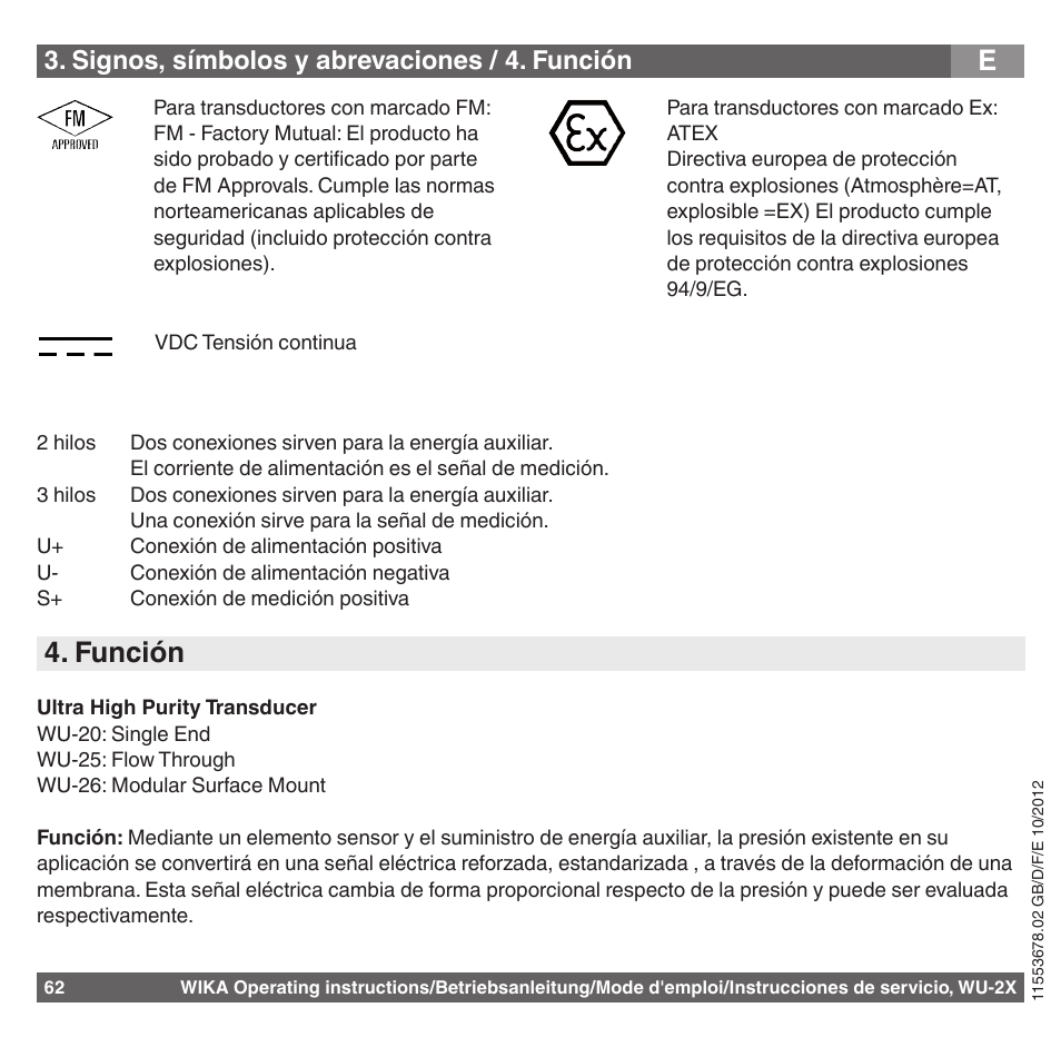 Función, Signos, símbolos y abrevaciones / 4. función | WIKA WU-26 User Manual | Page 62 / 84