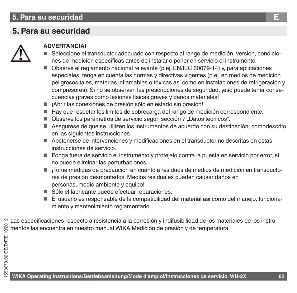 E5. para su securidad, Para su securidad | WIKA WU-26 User Manual | Page 63 / 84