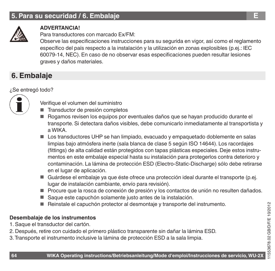 Embalaje, Para su securidad / 6. embalaje | WIKA WU-26 User Manual | Page 64 / 84
