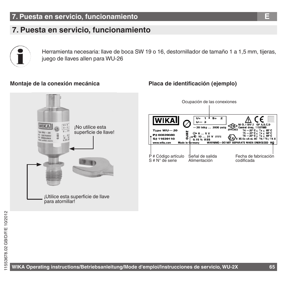 Puesta en servicio, funcionamiento | WIKA WU-26 User Manual | Page 65 / 84