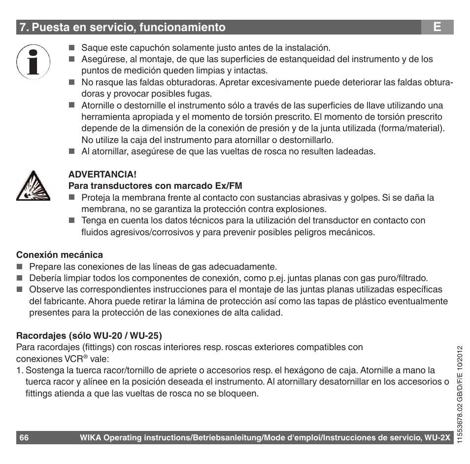 Puesta en servicio, funcionamiento | WIKA WU-26 User Manual | Page 66 / 84