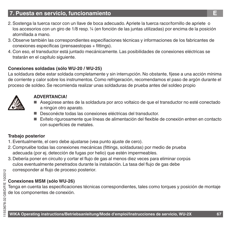 Puesta en servicio, funcionamiento | WIKA WU-26 User Manual | Page 67 / 84