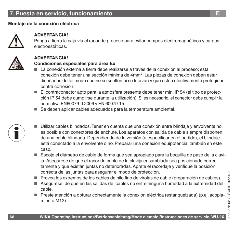 Puesta en servicio, funcionamiento | WIKA WU-26 User Manual | Page 68 / 84