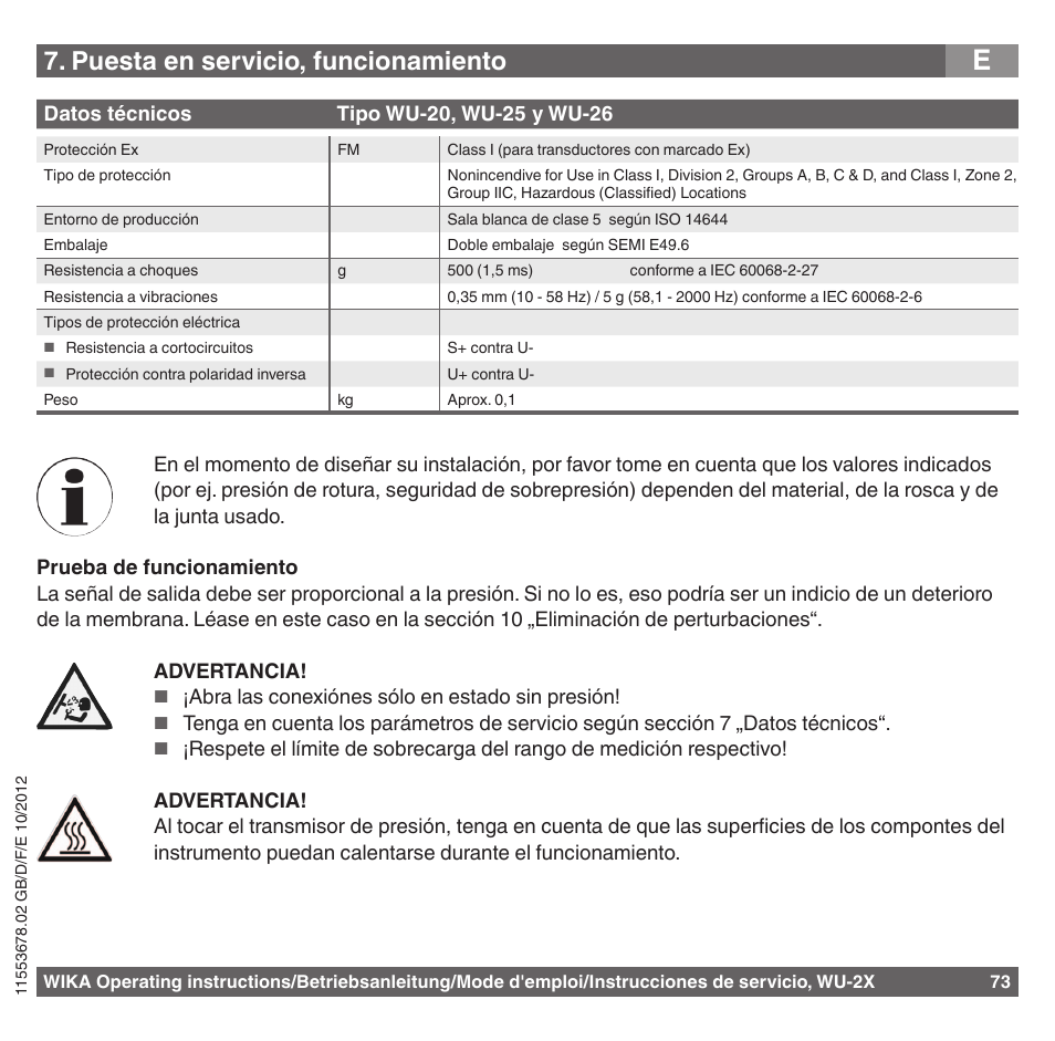 Puesta en servicio, funcionamiento | WIKA WU-26 User Manual | Page 73 / 84