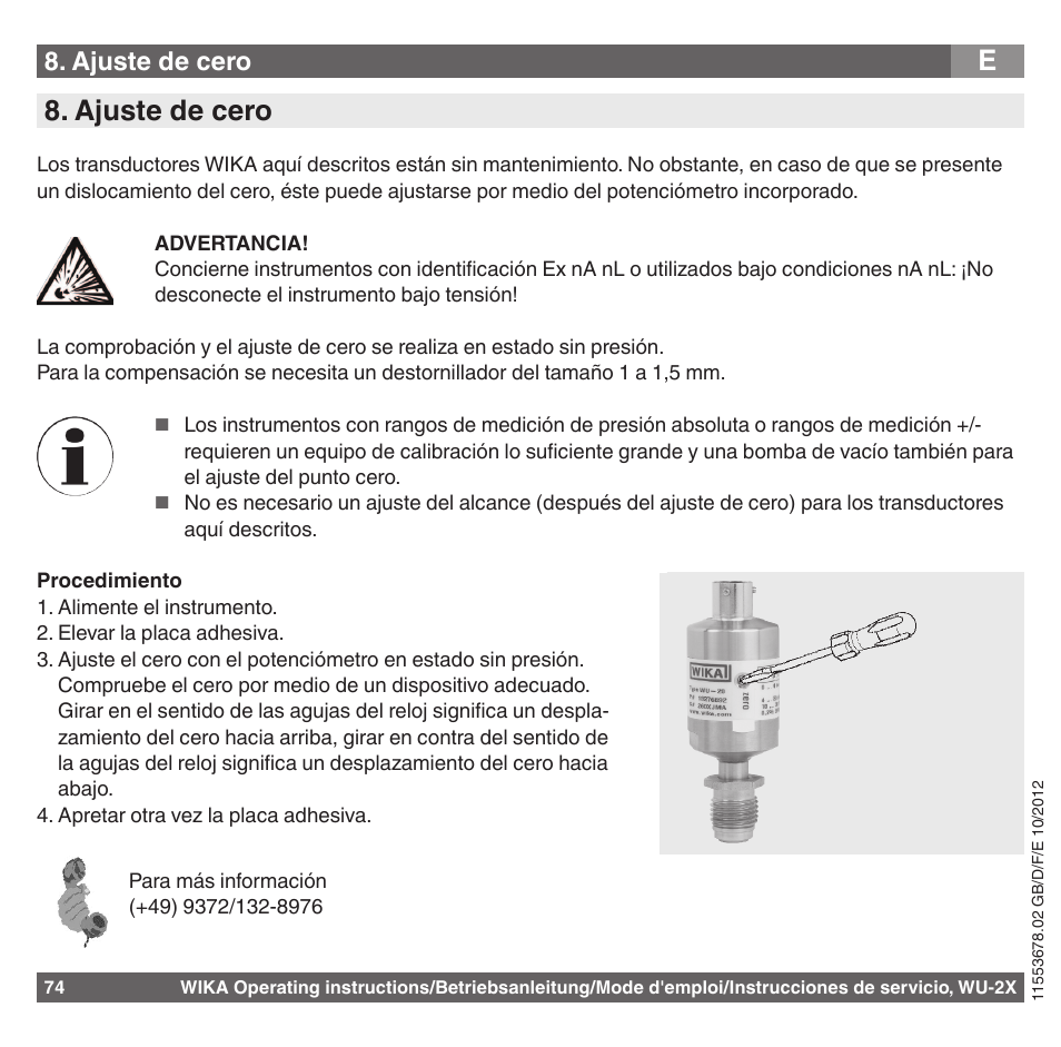 E8. ajuste de cero, Ajuste de cero | WIKA WU-26 User Manual | Page 74 / 84