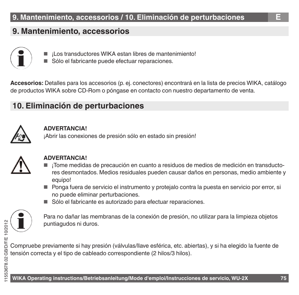 E9. mantenimiento, accessorios, Eliminación de perturbaciones | WIKA WU-26 User Manual | Page 75 / 84