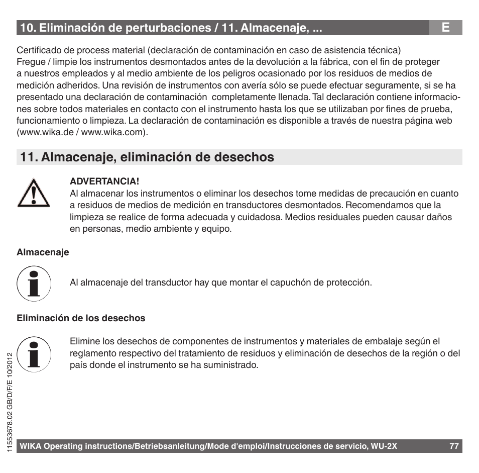 Almacenaje, eliminación de desechos, Eliminación de perturbaciones / 11. almacenaje | WIKA WU-26 User Manual | Page 77 / 84
