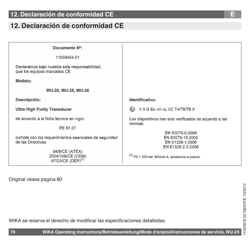 Declaración de conformidad ce | WIKA WU-26 User Manual | Page 78 / 84