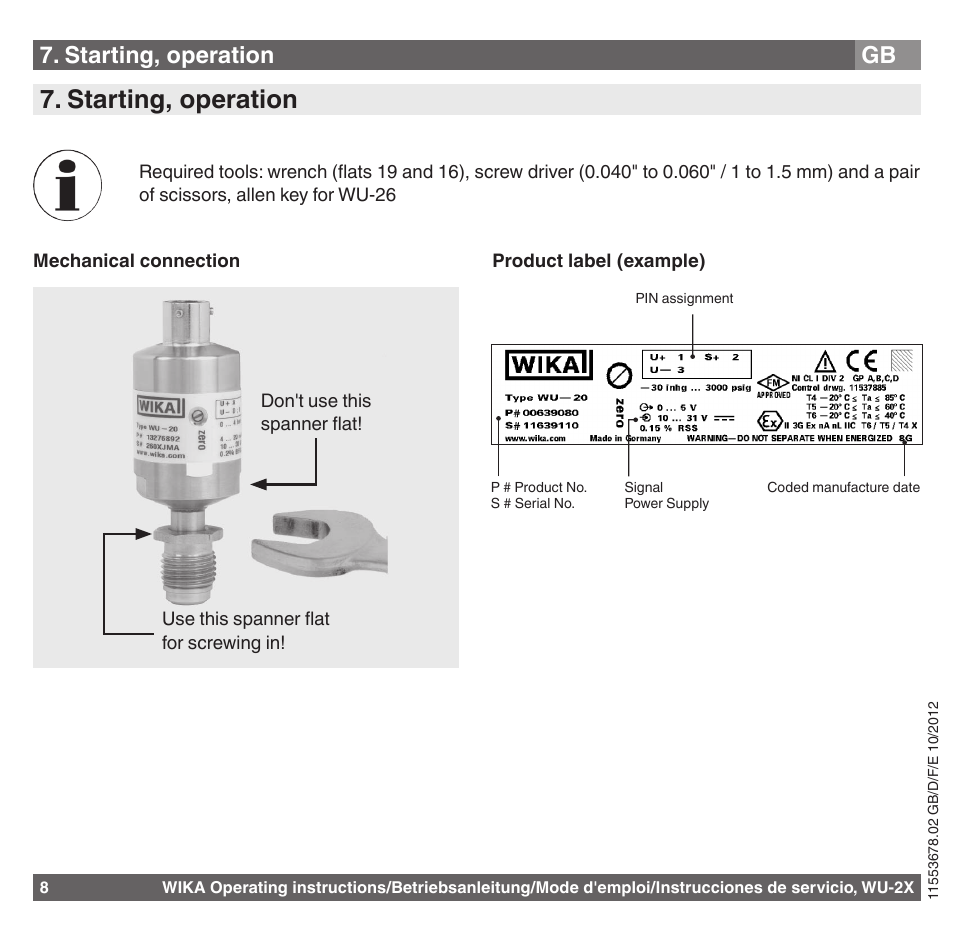 Starting, operation | WIKA WU-26 User Manual | Page 8 / 84