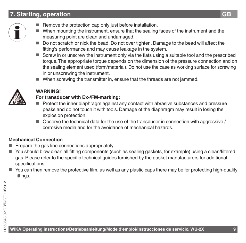 Starting, operation gb | WIKA WU-26 User Manual | Page 9 / 84