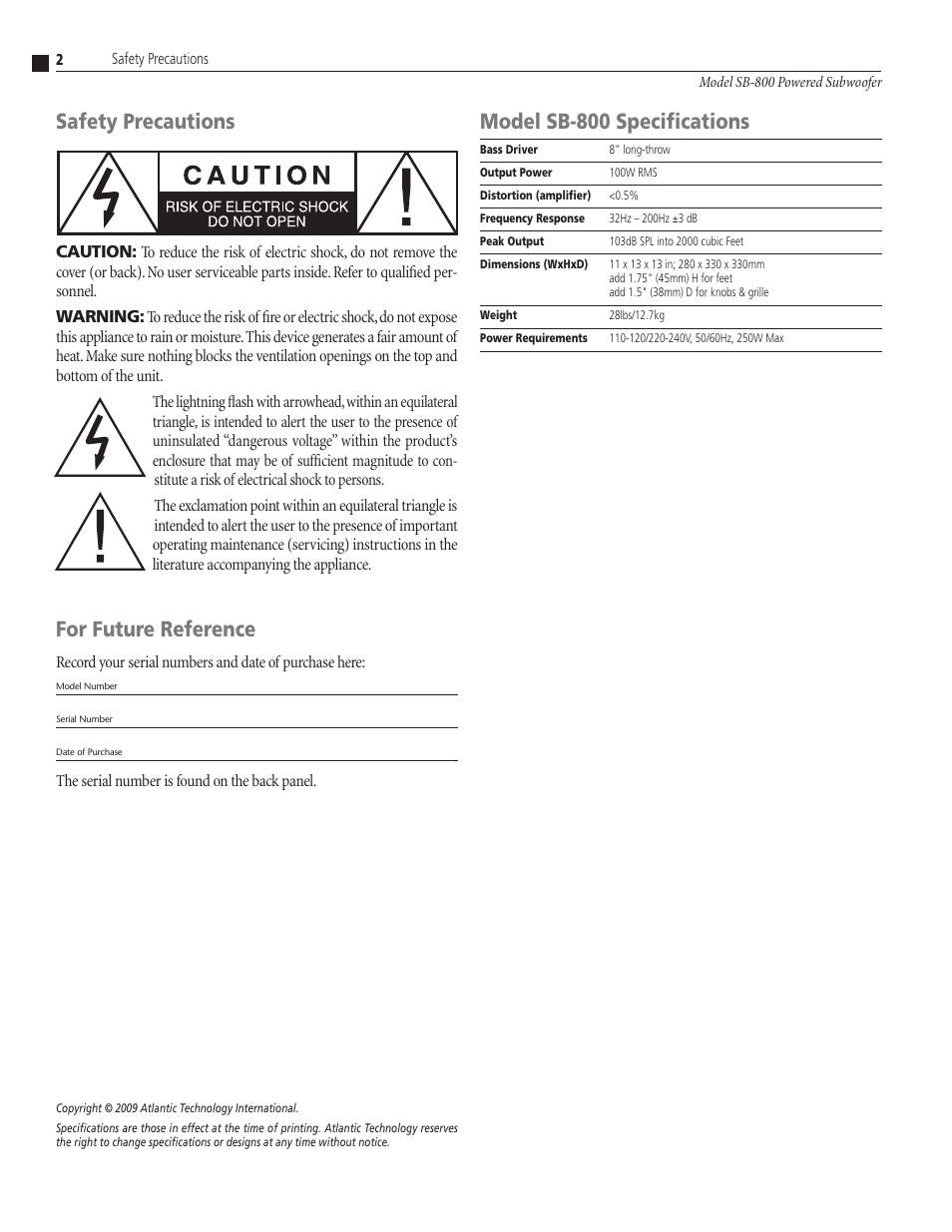 For future reference, Safety precautions, Model sb-800 specifications | The serial number is found on the back panel | Atlantic Technology SB-800 User Manual | Page 2 / 4
