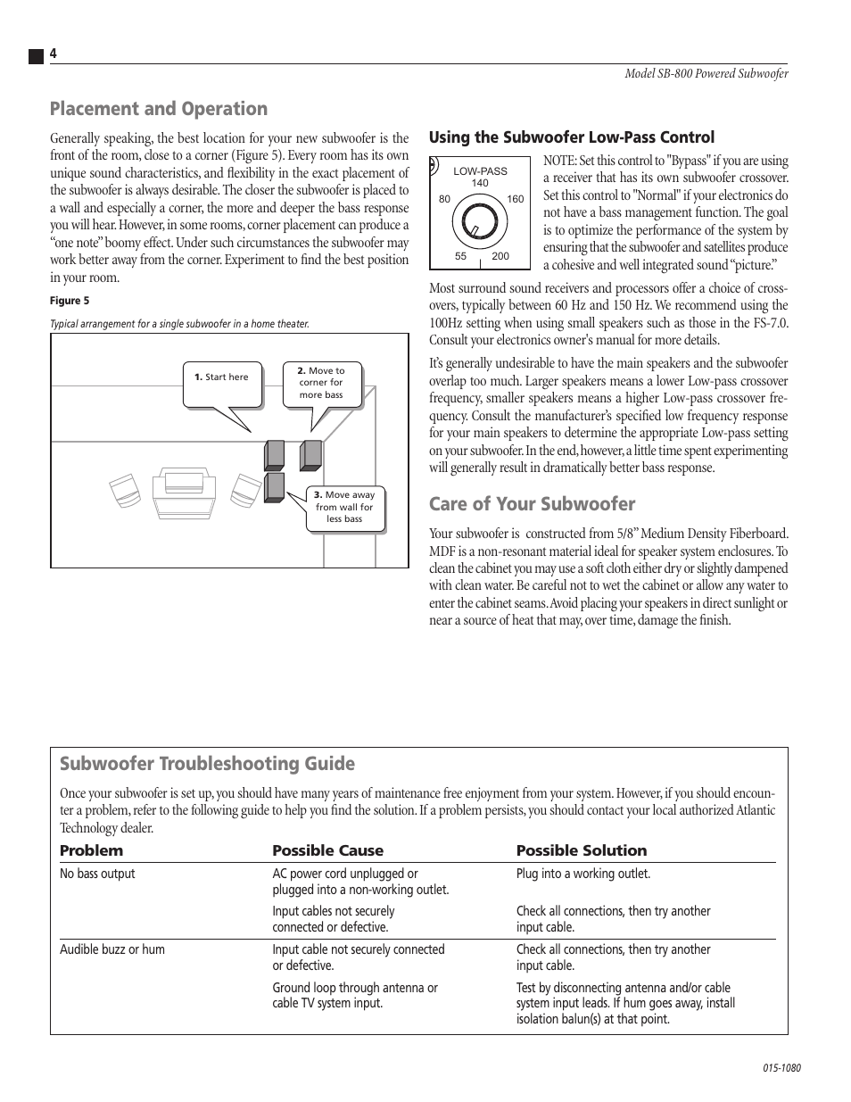 Placement and operation, Care of your subwoofer, Subwoofer troubleshooting guide | Using the subwoofer low-pass control | Atlantic Technology SB-800 User Manual | Page 4 / 4