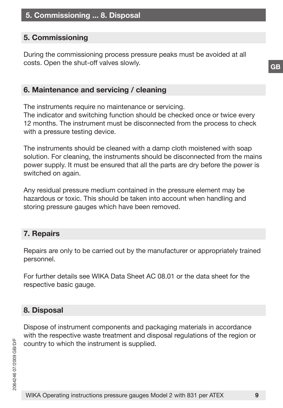 Commissioning, Maintenance and servicing / cleaning, Repairs | Disposal, Commissioning . disposal | WIKA 232.36 User Manual | Page 9 / 52