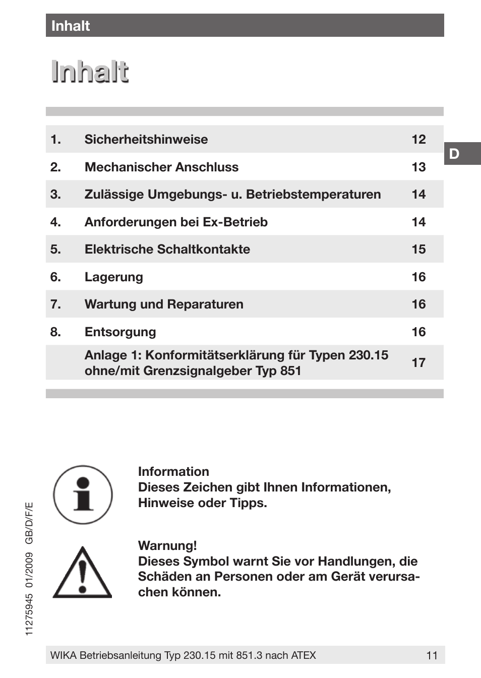 Inhalt | WIKA 230.15-851 User Manual | Page 11 / 32