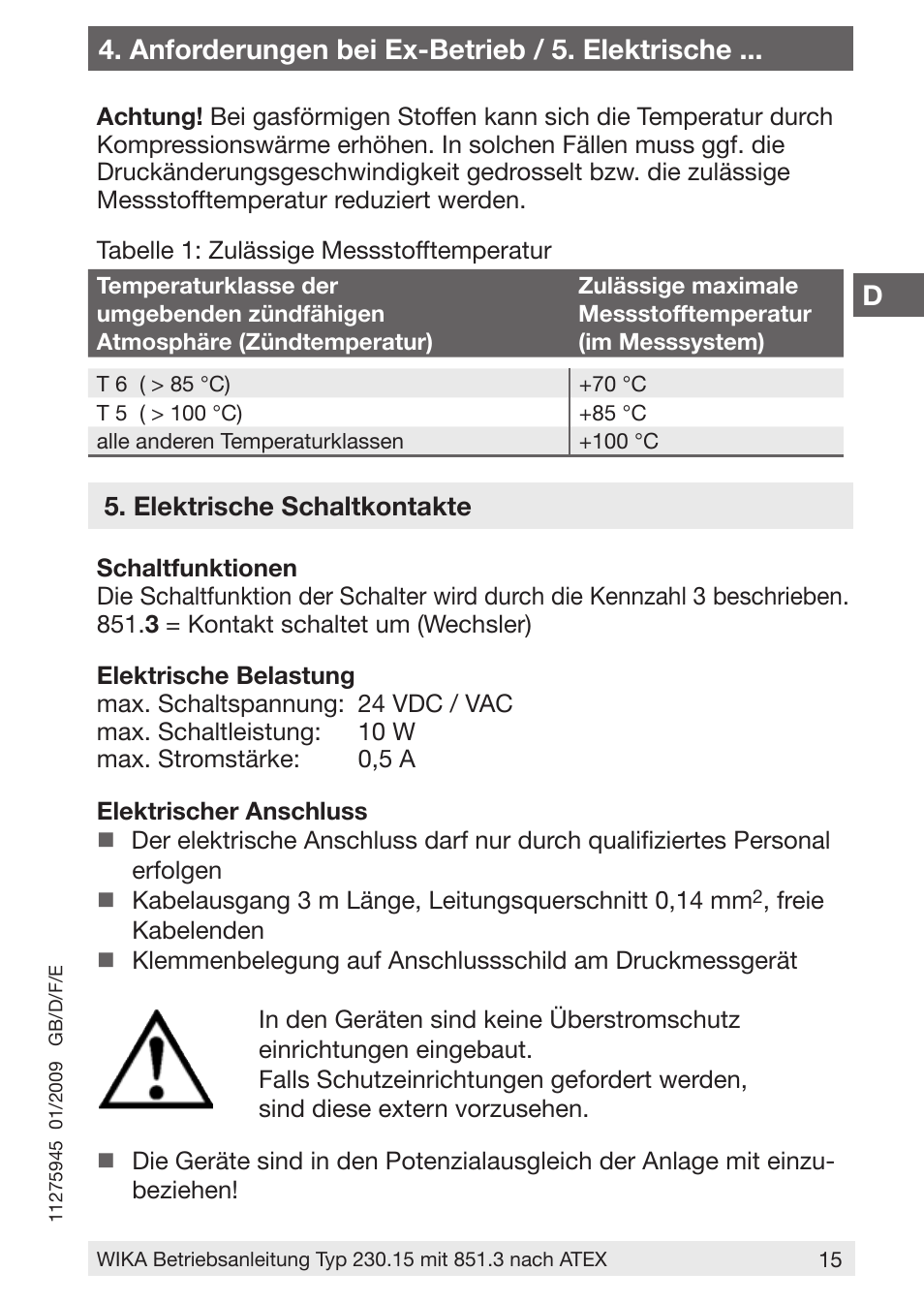 D4. anforderungen bei ex-betrieb / 5. elektrische | WIKA 230.15-851 User Manual | Page 15 / 32