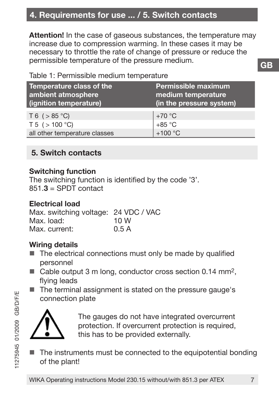 Requirements for use ... / 5. switch contacts | WIKA 230.15-851 User Manual | Page 7 / 32