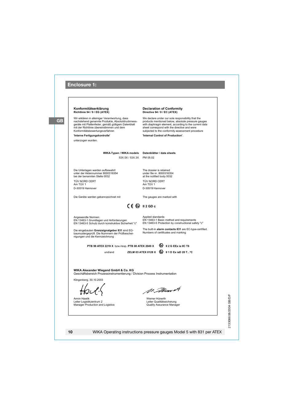 Enclosure 1 | WIKA 532.53+8xx User Manual | Page 10 / 52