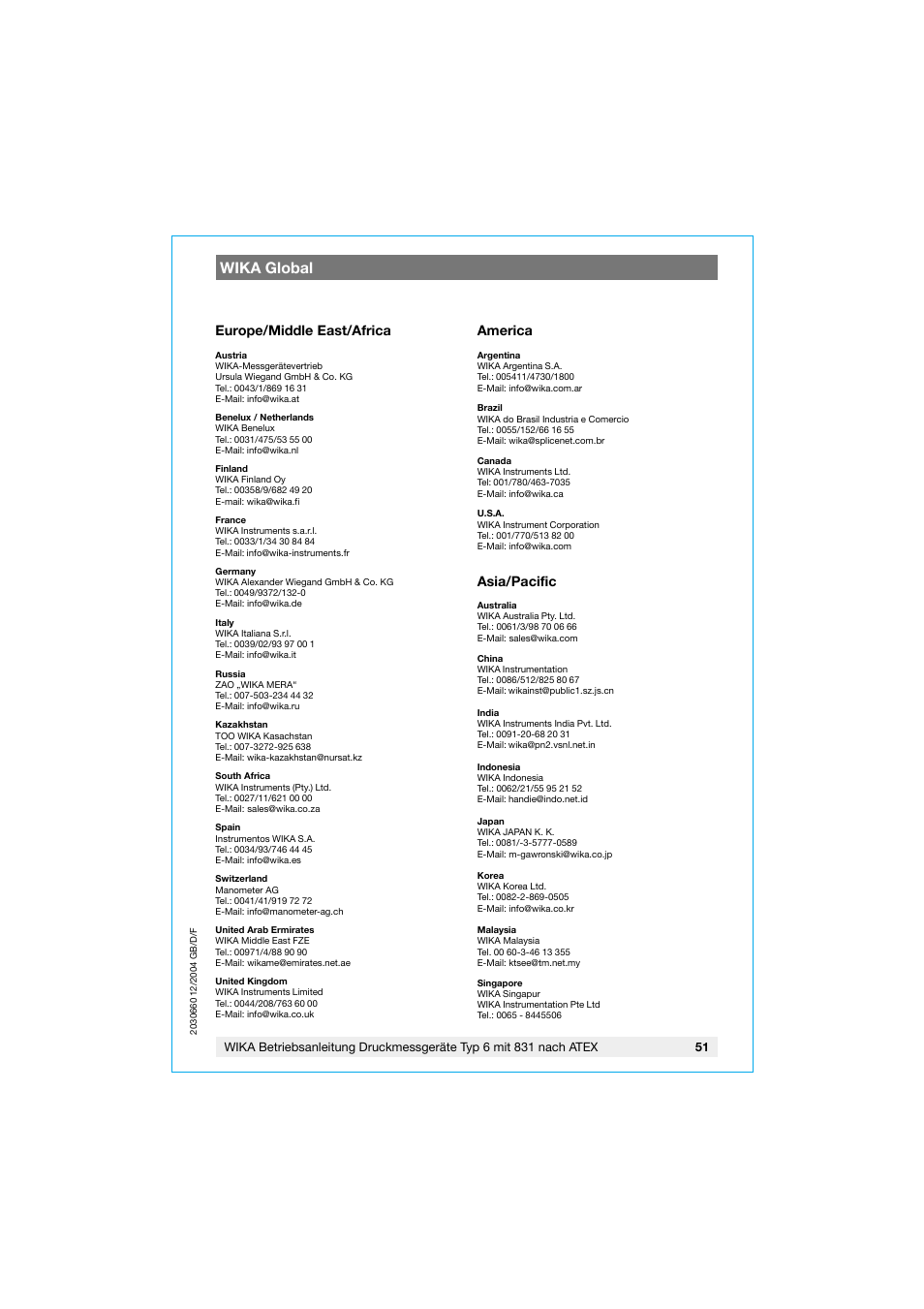 Wika global, Europe/middle east/africa, America | Asia/pacific | WIKA 630.20 User Manual | Page 51 / 52