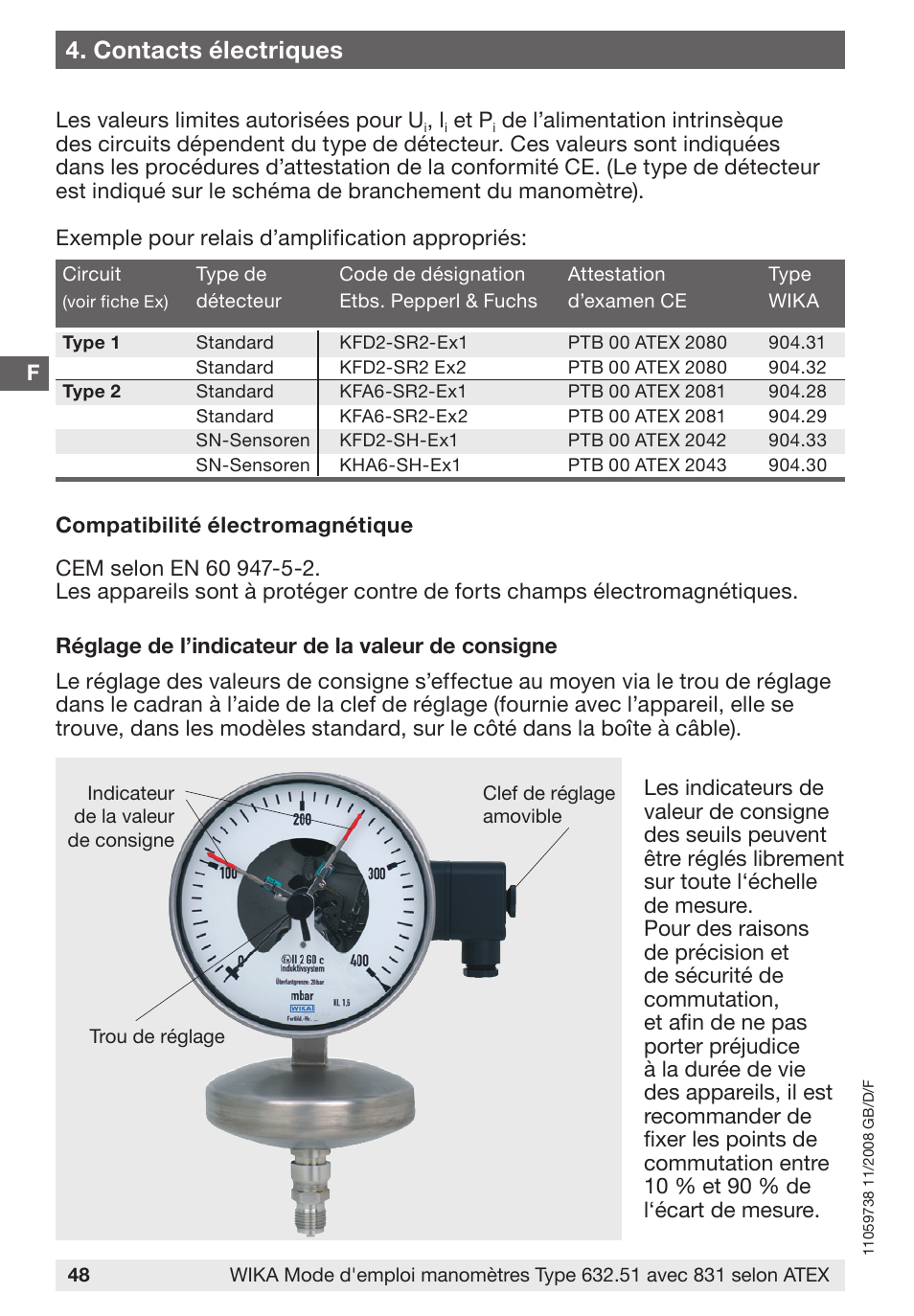 Contacts électriques | WIKA 632.51+8xx User Manual | Page 48 / 52