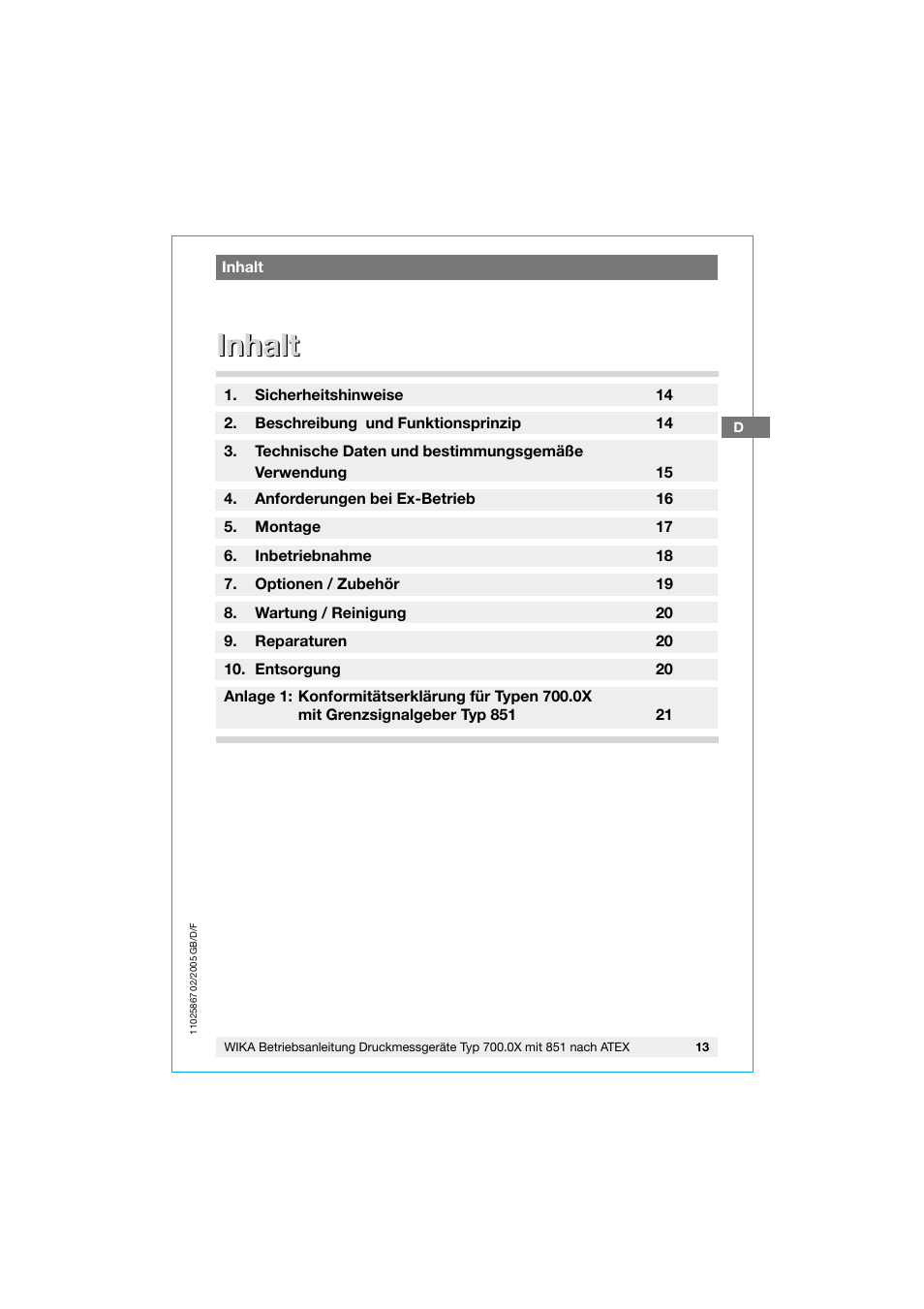 Inhalt | WIKA 700.02 User Manual | Page 13 / 32