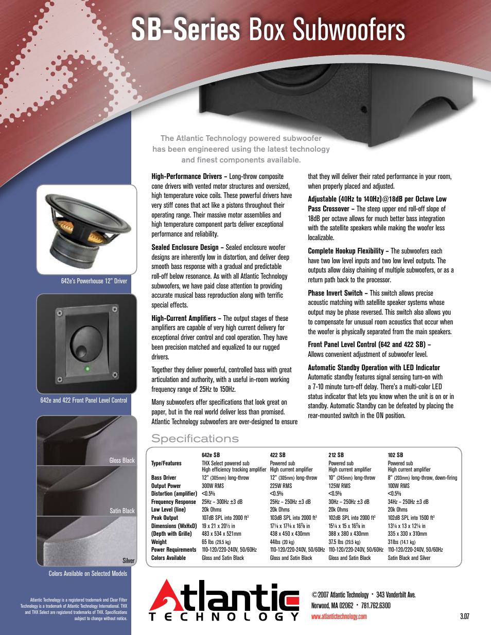 Sb-series box subwoofers, Specifications | Atlantic Technology SB Series User Manual | Page 2 / 2