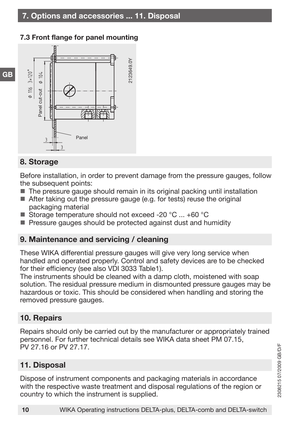Storage, Maintenance and servicing / cleaning, Repairs | Disposal, Options and accessories . disposal | WIKA 851.02.100 User Manual | Page 10 / 28