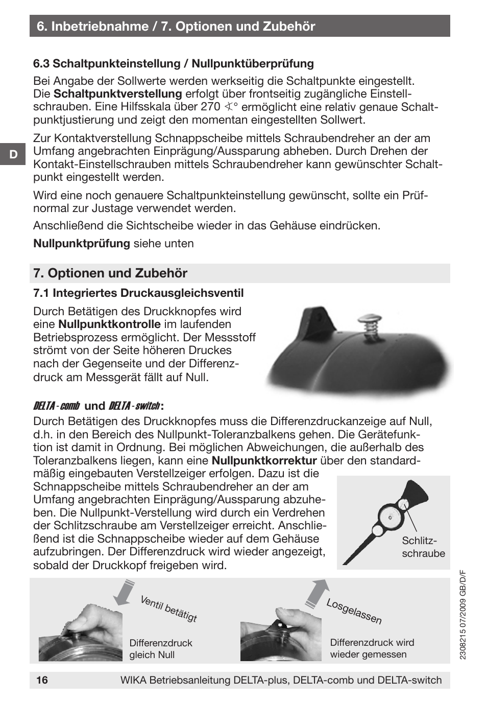 Optionen und zubehör, Inbetriebnahme / 7. optionen und zubehör | WIKA 851.02.100 User Manual | Page 16 / 28