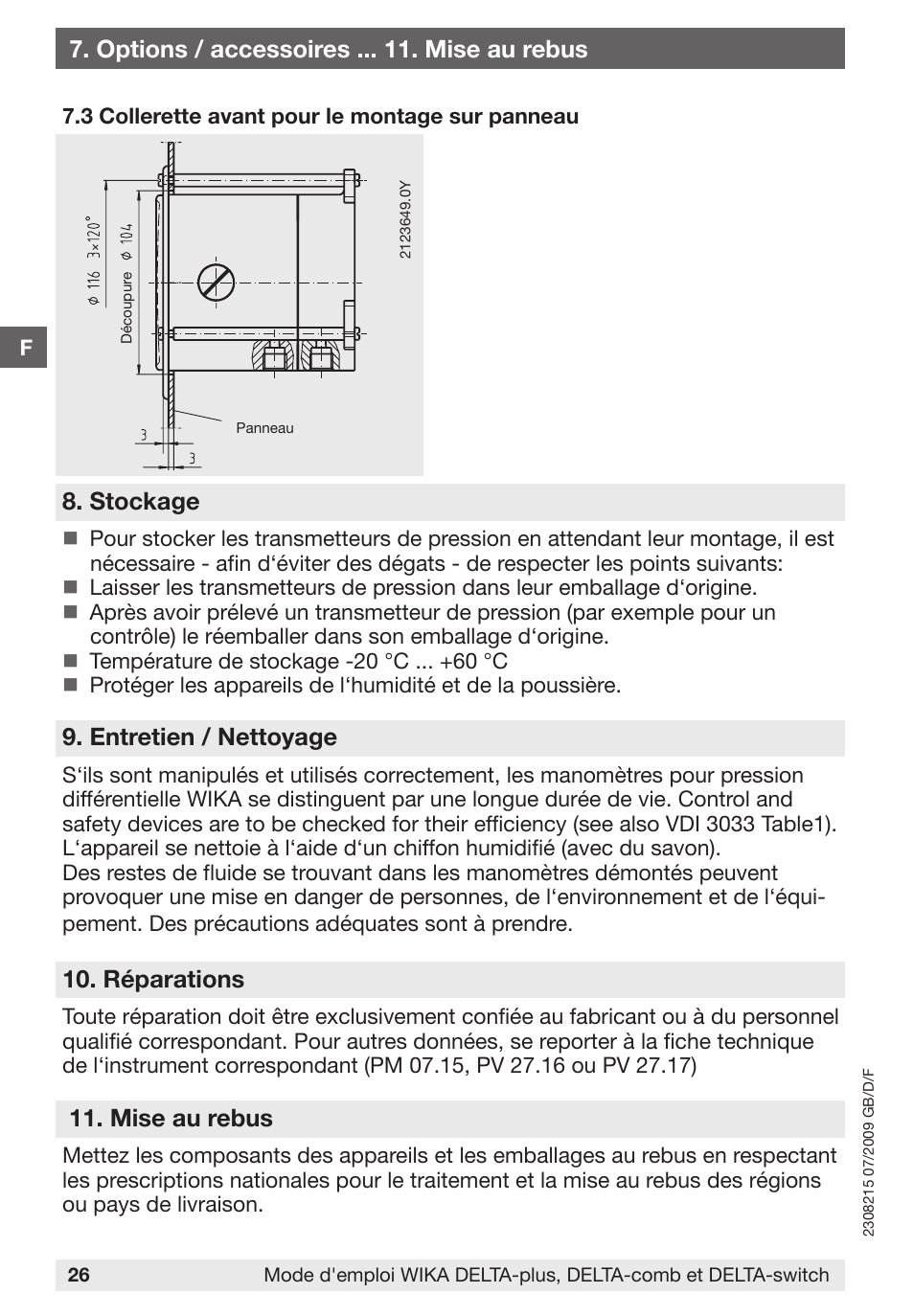 Stockage, Entretien / nettoyage, Réparations | Mise au rebus, Options / accessoires . mise au rebus | WIKA 851.02.100 User Manual | Page 26 / 28