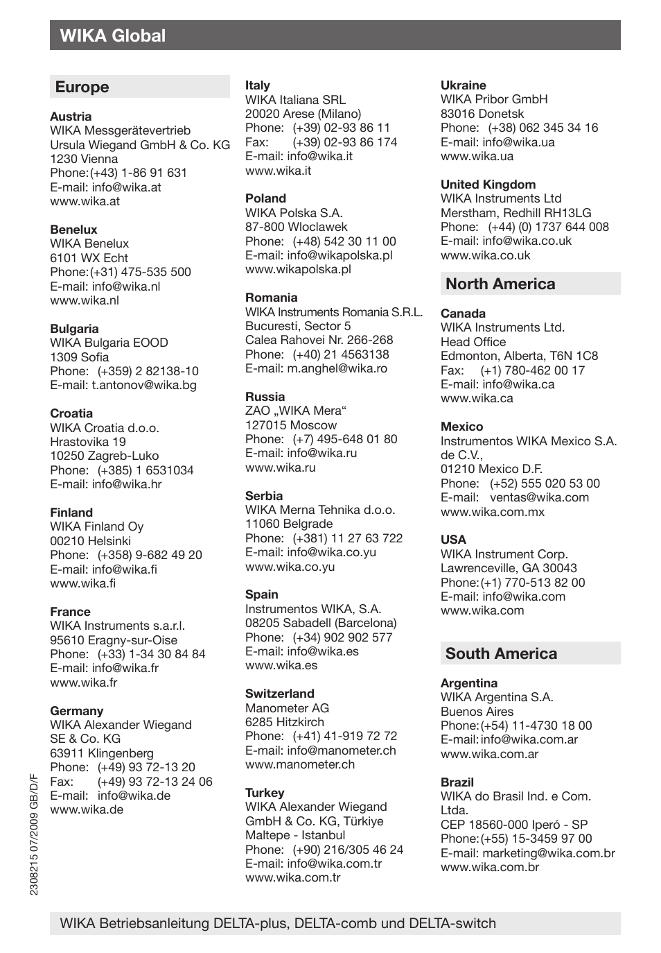 Wika global, Europe, North america | South america | WIKA 851.02.100 User Manual | Page 27 / 28
