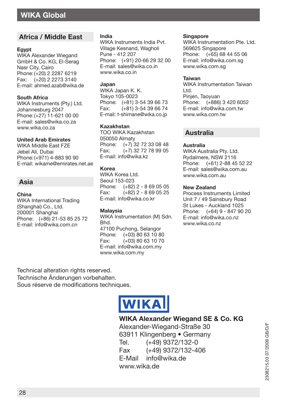 Wika global, Africa / middle east, Asia | Australia | WIKA 851.02.100 User Manual | Page 28 / 28