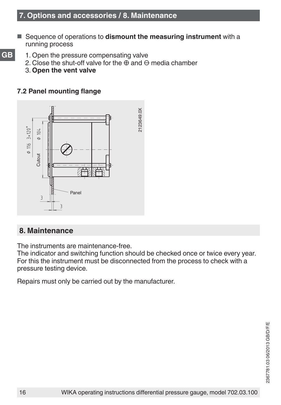 Options and accessories / 8. maintenance, Maintenance | WIKA 702.03.100 User Manual | Page 16 / 72
