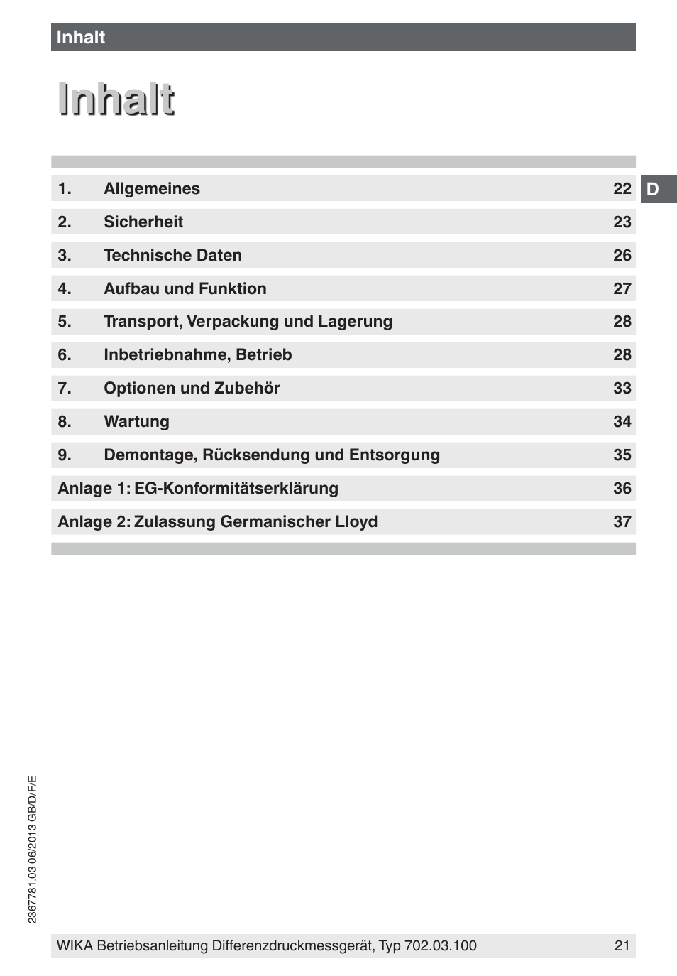 Inhalt | WIKA 702.03.100 User Manual | Page 21 / 72