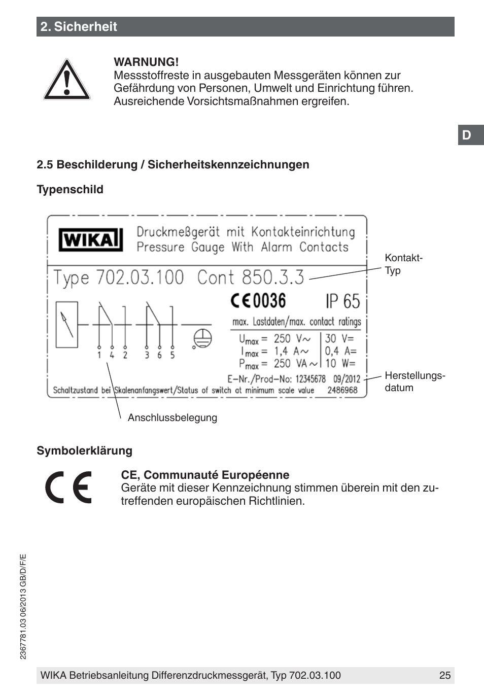 Sicherheit | WIKA 702.03.100 User Manual | Page 25 / 72