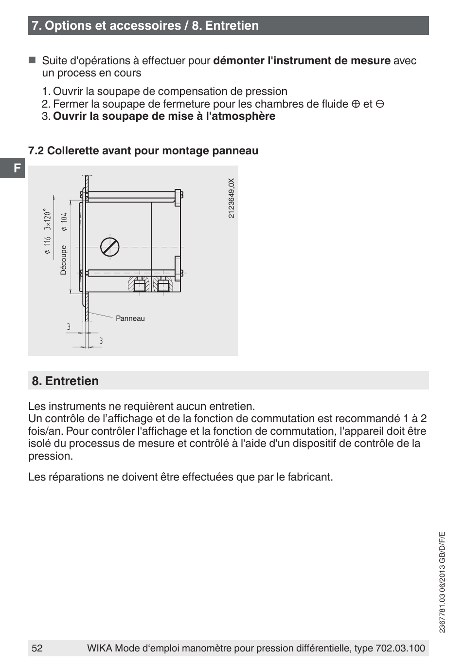 Options et accessoires / 8. entretien, Entretien | WIKA 702.03.100 User Manual | Page 52 / 72