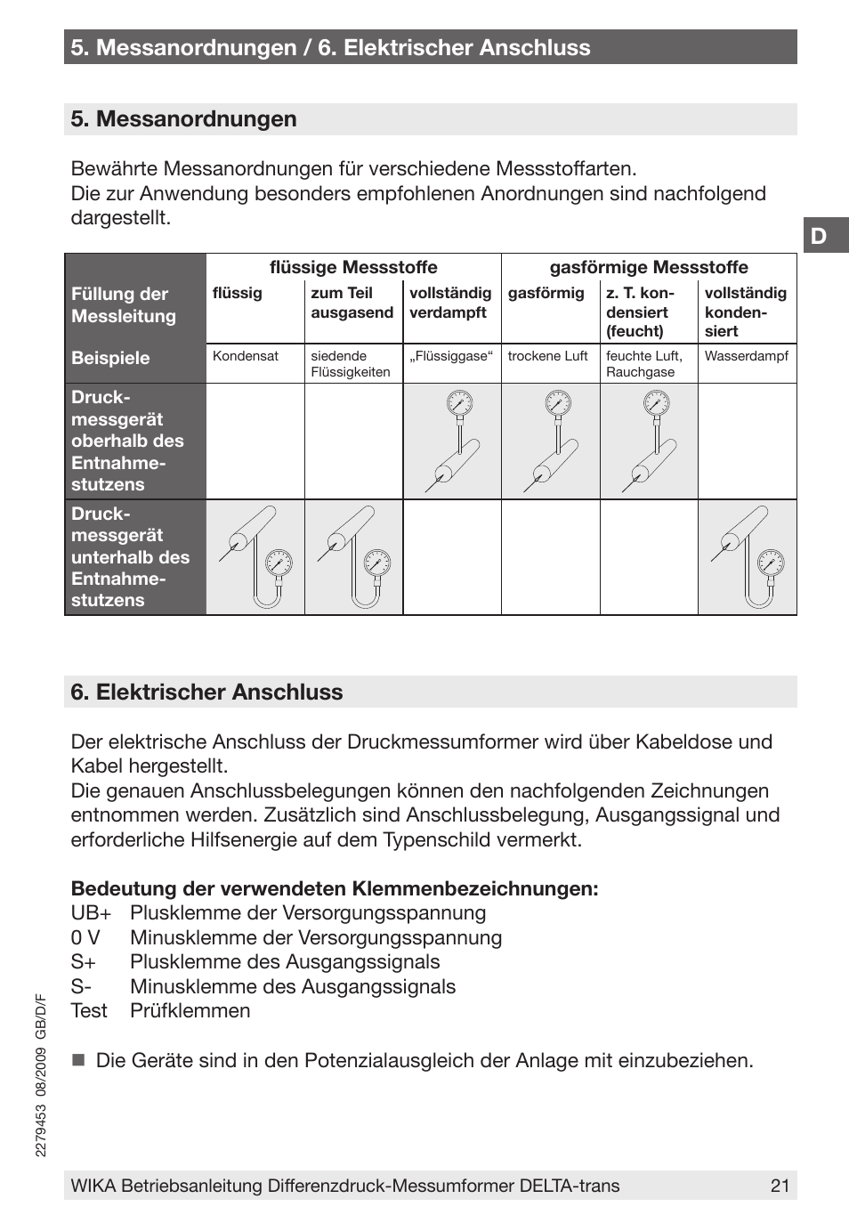 D5. messanordnungen / 6. elektrischer anschluss, Messanordnungen, Elektrischer anschluss | WIKA 891.34.2189 User Manual | Page 21 / 44