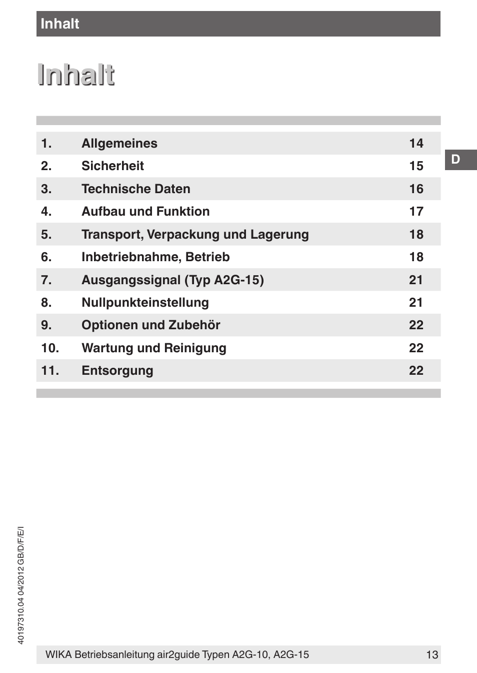 Inhalt | WIKA A2G-15 User Manual | Page 13 / 56