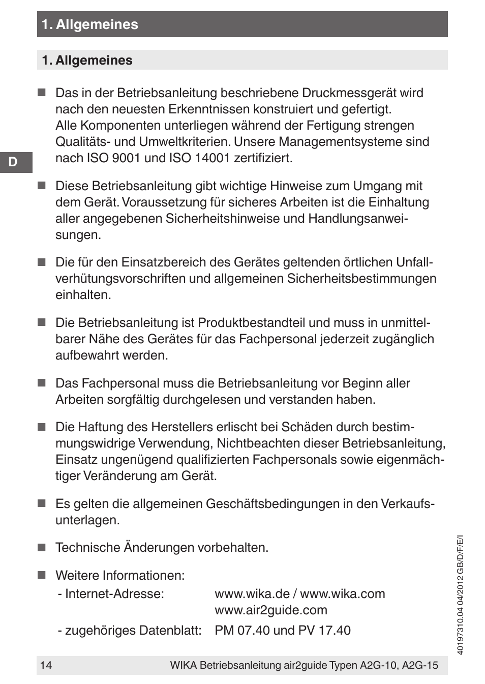 WIKA A2G-15 User Manual | Page 14 / 56