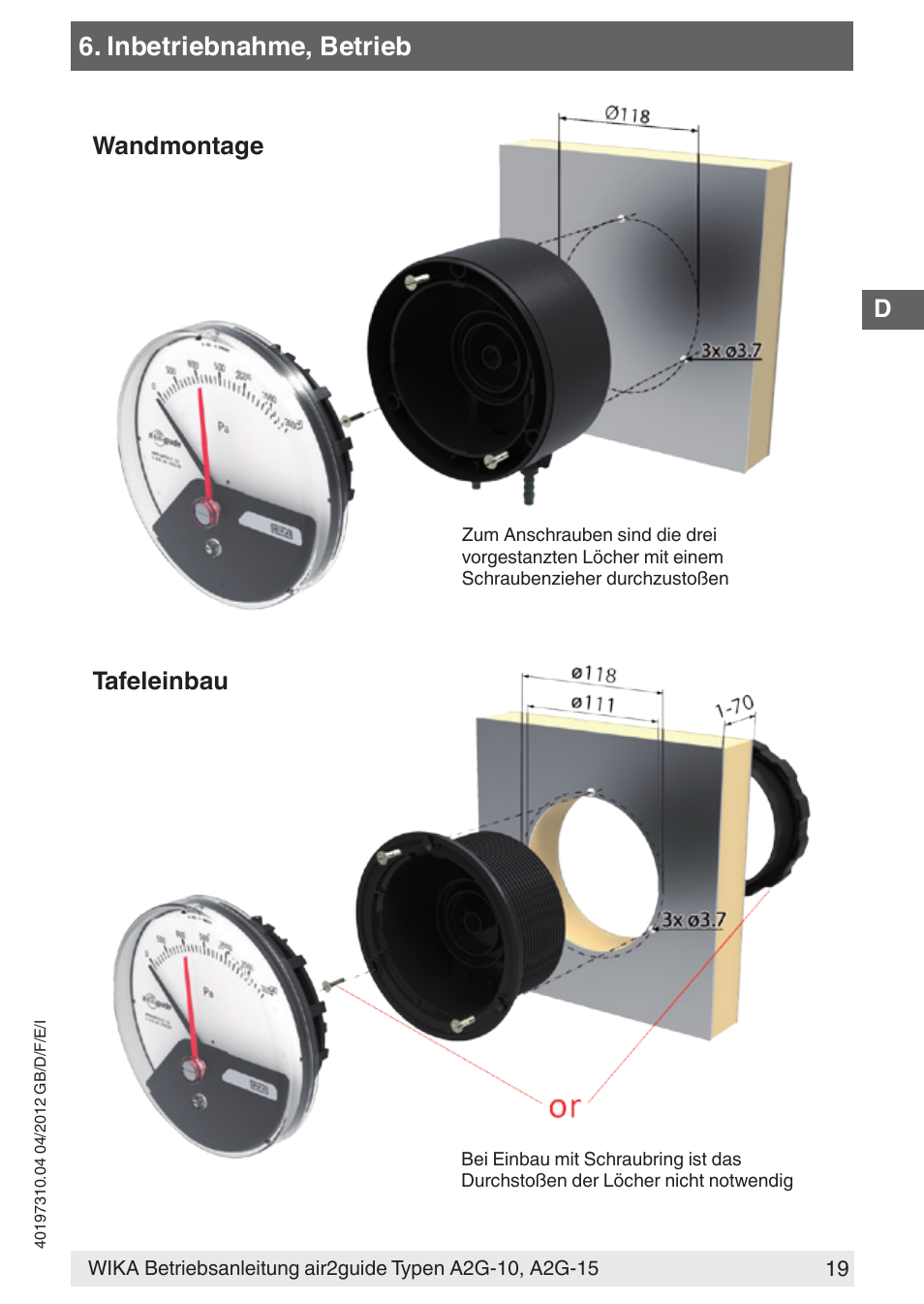 Inbetriebnahme, betrieb, Wandmontage tafeleinbau | WIKA A2G-15 User Manual | Page 19 / 56