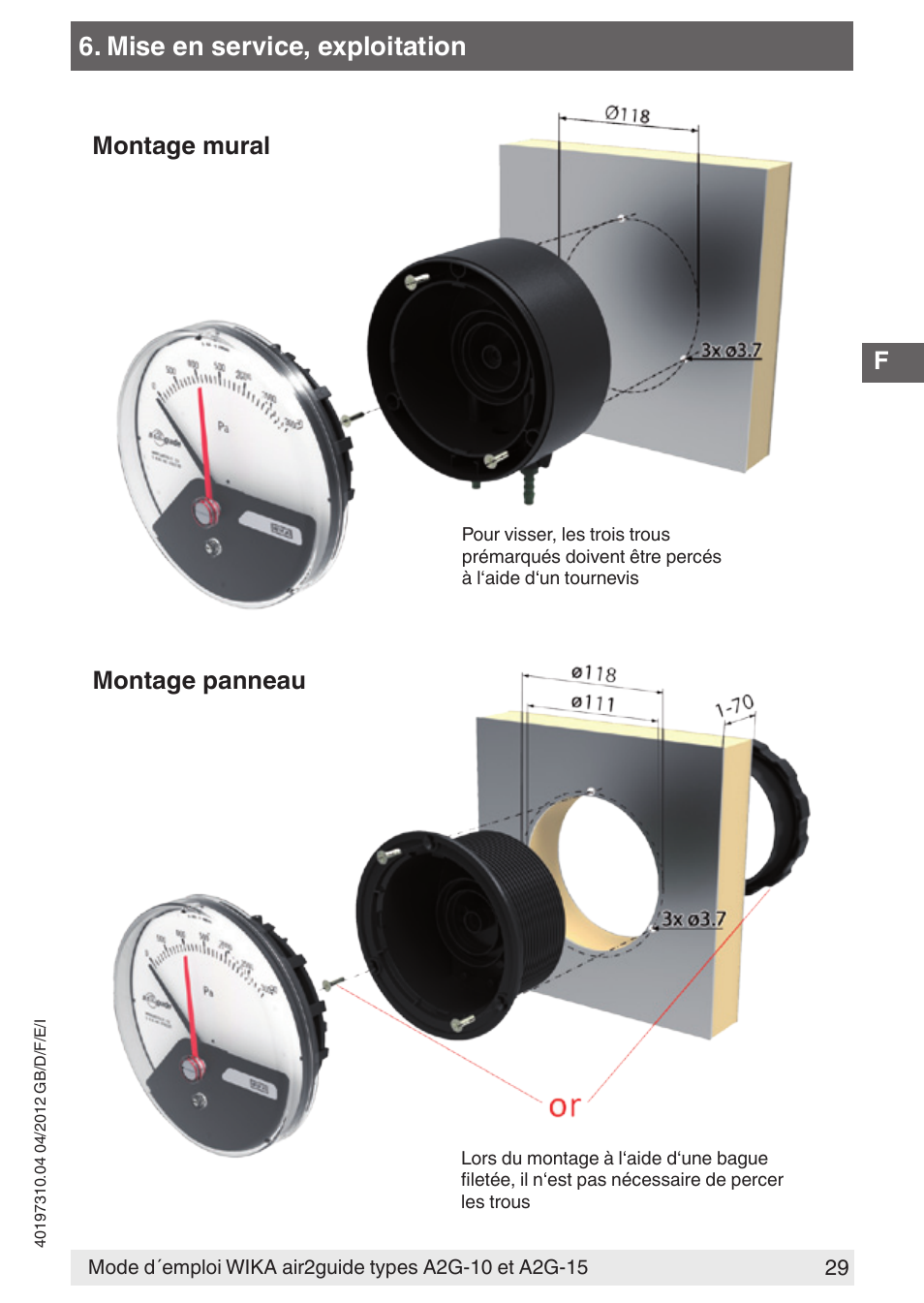 Mise en service, exploitation, Montage mural montage panneau | WIKA A2G-15 User Manual | Page 29 / 56