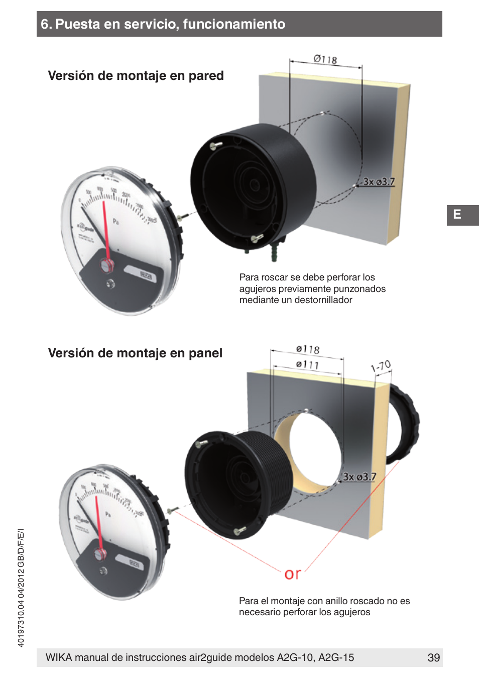 Puesta en servicio, funcionamiento | WIKA A2G-15 User Manual | Page 39 / 56