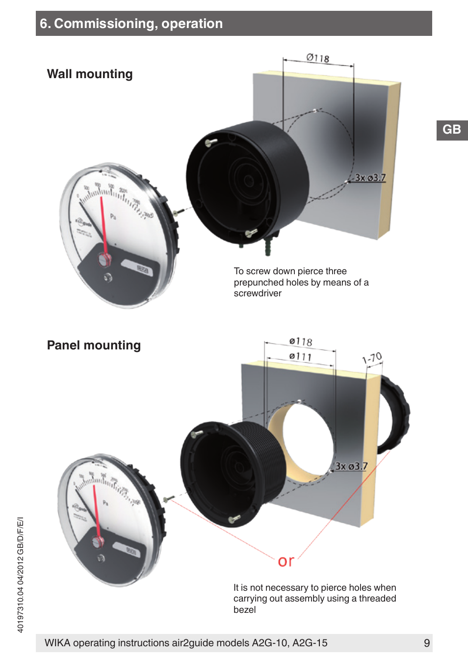 Commissioning, operation, Wall mounting panel mounting | WIKA A2G-15 User Manual | Page 9 / 56