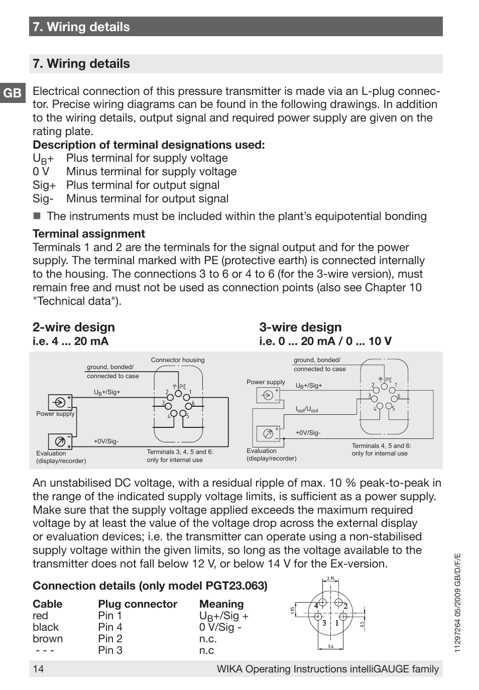 Gb 7. wiring details, Wiring details, Wire design 3-wire design | WIKA PGT43.100 User Manual | Page 14 / 88