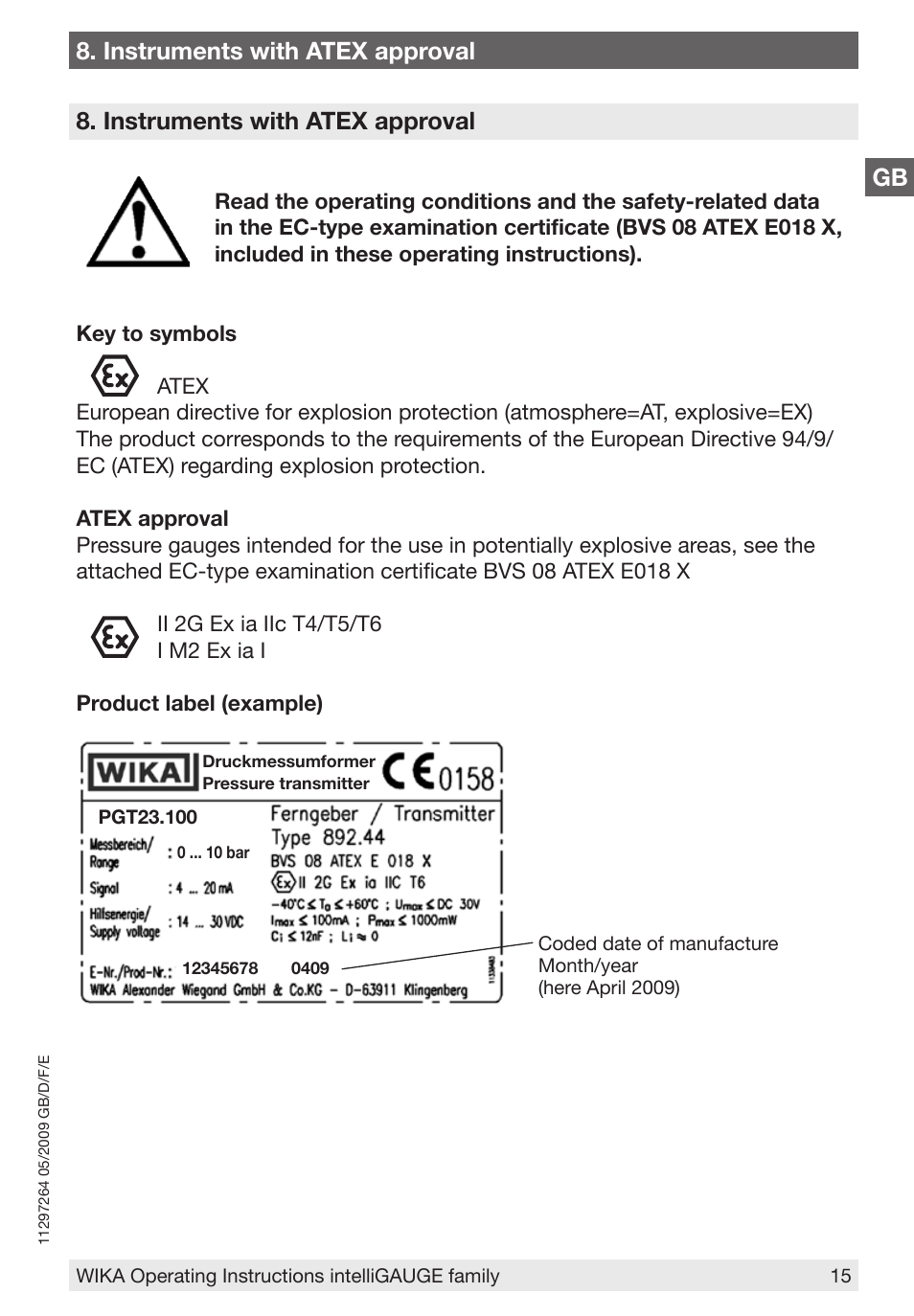 Instruments with atex approval | WIKA PGT43.100 User Manual | Page 15 / 88