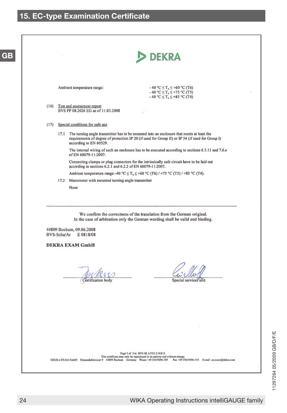 Gb 15. ec-type examination certificate | WIKA PGT43.100 User Manual | Page 24 / 88